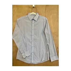 F&F Button Down Shirt Men's 15.5 Blue +Purple Striped Tailored Fit Long Sleeve